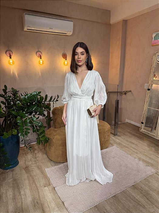 VESTIDO LONGO CHIFFON COM LUREX MANGA LONGA FLUIDO BRANCO