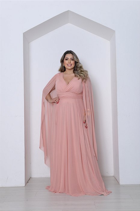 VESTIDO LONGO MICROTULE MANGA CAPA DECOTE TRANSPASSADO ACINTURADO ROSE