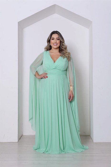 VESTIDO LONGO MICROTULE MANGA CAPA DECOTE TRANSPASSADO ACINTURADO VERDE MENTA