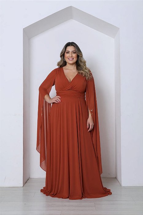 VESTIDO LONGO MICROTULE MANGA CAPA DECOTE TRANSPASSADO ACINTURADO  TERRACOTA