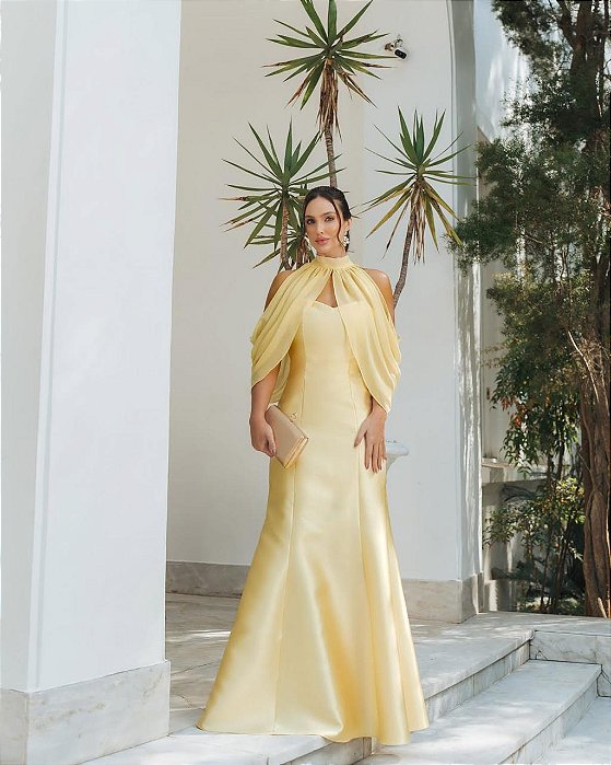 VESTIDO LONGO ZIBELINE SEREIA TOMARA QUE CAIA COM ECHARPE AMARELO