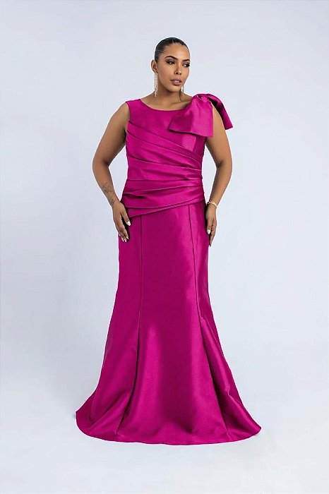 VESTIDO LONGO ZIBELINE DETALHE DRAPEADO NA FRENTE LAÇO NA ALÇA FUCSIA