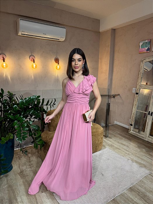 VESTIDO LONGO CHIFON ALÇA FINA E MEIA MANGA BABADO ROSE SANG