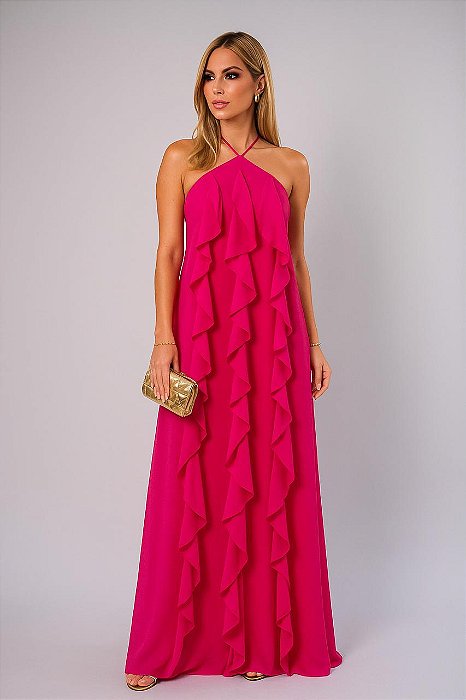 VESTIDO CHIFFON BABADO FRENTE ÚNICA MARIBEL PINK