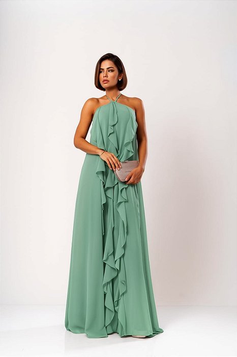 VESTIDO CHIFFON BABADO FRENTE ÚNICA MARIBEL VERDE MENTA