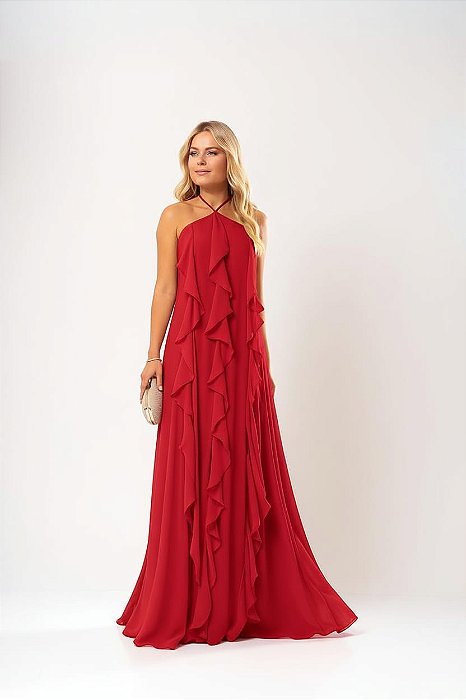 VESTIDO CHIFFON BABADO FRENTE ÚNICA MARIBEL VERMELHO