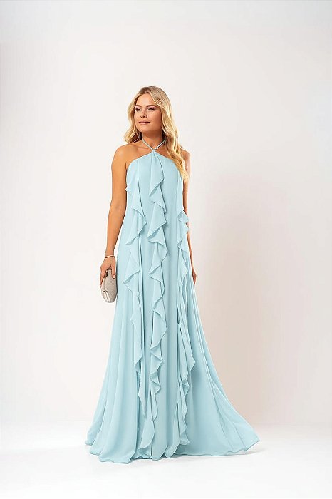 VESTIDO CHIFFON BABADO FRENTE ÚNICA MARIBEL  AZUL SERENITY