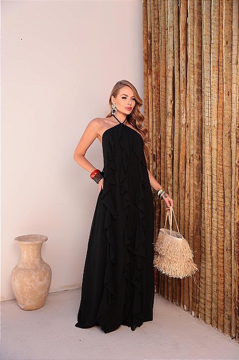 VESTIDO CHIFFON BABADO FRENTE ÚNICA MARIBEL PRETO
