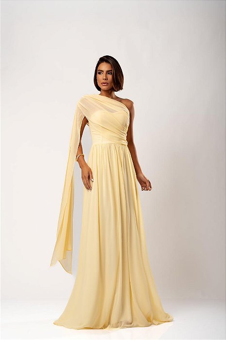 VESTIDO CHIFFON TOMARA QUE CAIA COM CAPA REMOVÍVEL AMARELO