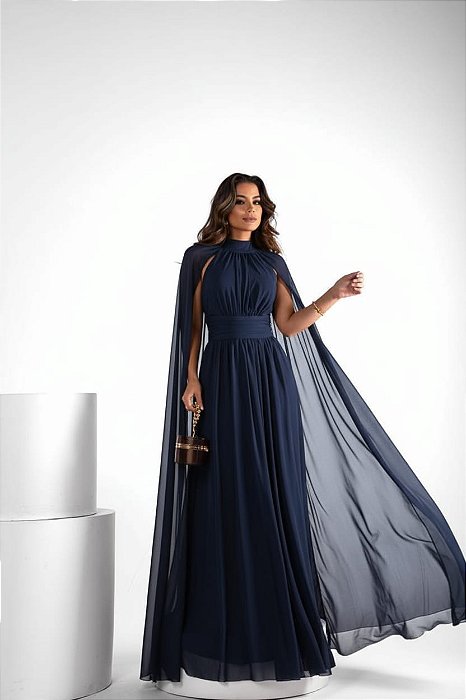 VESTIDO LONGO MICROTUILE  COM MANGA CAPA AZUL MARINHO