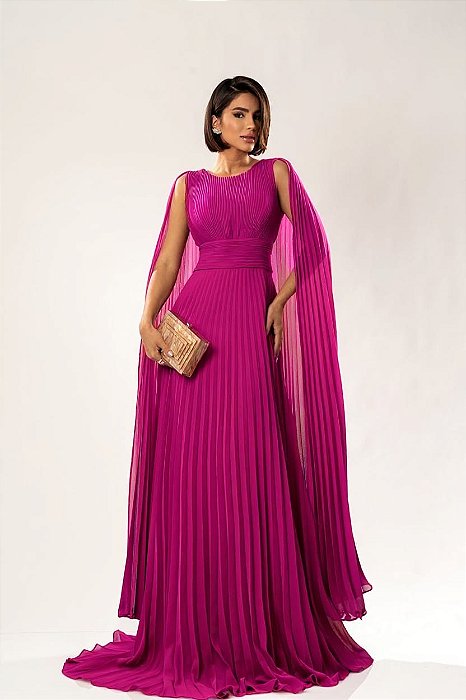 VESTIDO LONGO CHIFFON PLISSADO ACINTURADO COM MANGA CAPA FUCSIA