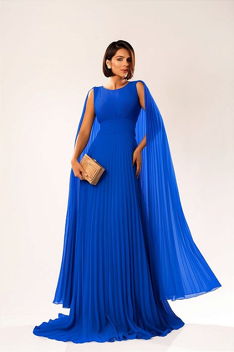 VESTIDO LONGO CHIFFON PLISSADO ACINTURADO COM MANGA CAPA AZUL BIC