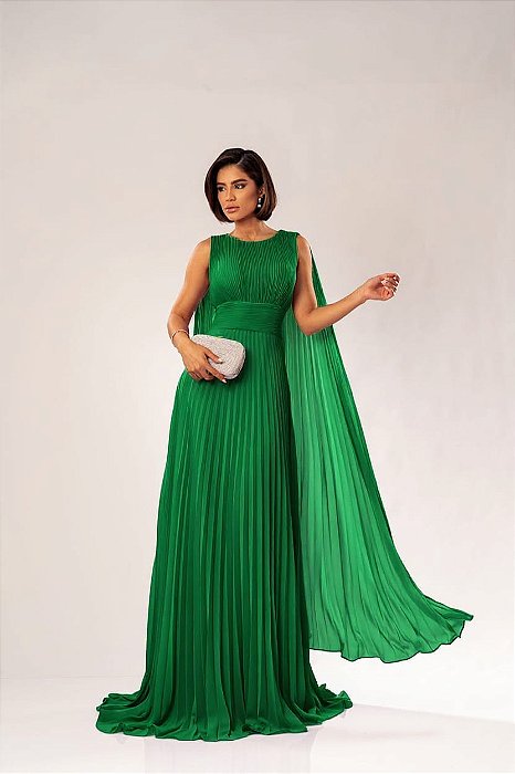 VESTIDO LONGO CHIFFON PLISSADO ACINTURADO COM MANGA CAPA VERDE ESMERALDA