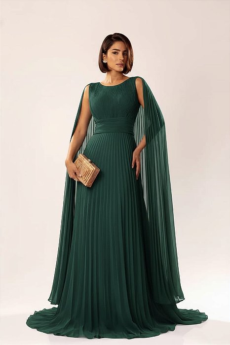 VESTIDO LONGO CHIFFON PLISSADO ACINTURADO COM MANGA CAPA VERDE PETRÓLEO
