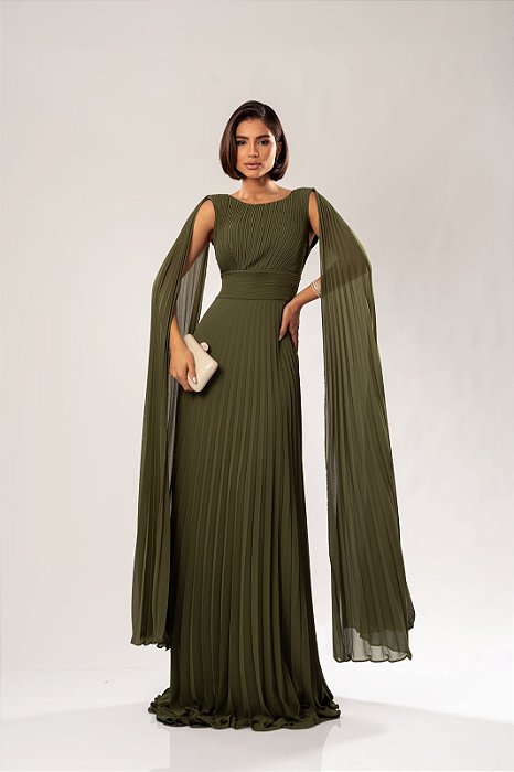 VESTIDO LONGO CHIFFON PLISSADO ACINTURADO COM MANGA CAPA VERDE OLIVA