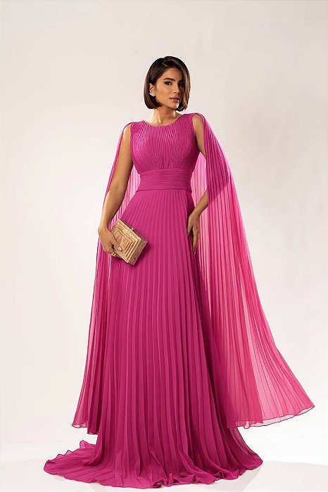 VESTIDO LONGO CHIFFON PLISSADO ACINTURADO COM MANGA CAPA PINK