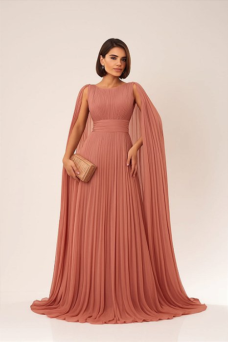 VESTIDO LONGO CHIFFON PLISSADO ACINTURADO COM MANGA CAPA ROSÉ