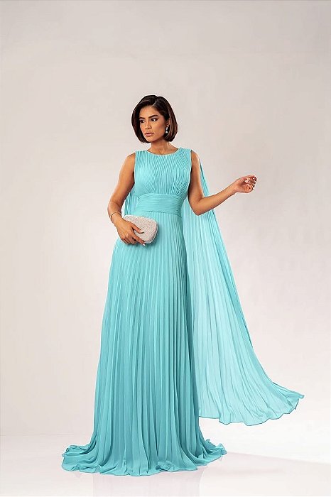 VESTIDO LONGO CHIFFON PLISSADO ACINTURADO COM MANGA CAPA AZUL SERENETY
