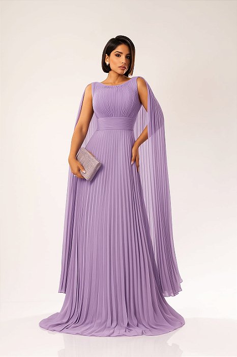 VESTIDO LONGO CHIFFON PLISSADO ACINTURADO COM MANGA CAPA LILÁS