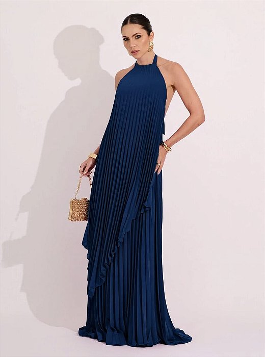 VESTIDO LONGO CHIFFON FRENTE ÚNICA PLISSADO SOBREPOSTO AZUL MARINHO
