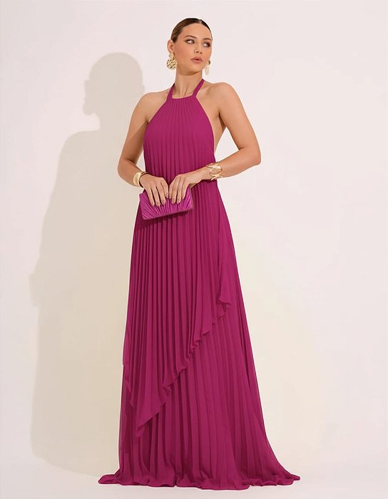 VESTIDO LONGO CHIFFON FRENTE ÚNICA PLISSADO SOBREPOSTO FUCSIA