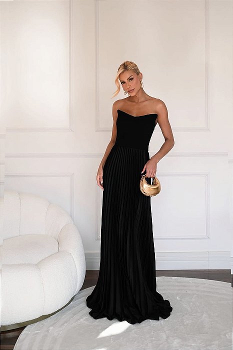 VESTIDO TOMARA QUE CAIA COM SAIA PLISSADA E DETALHE PEPLUM PRETO