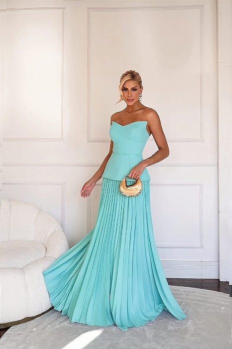 CONJUNTO TOMARA QUE CAIA COM SAIA PLISSADA E DETALHE PEPLUM AZUL SERENITY