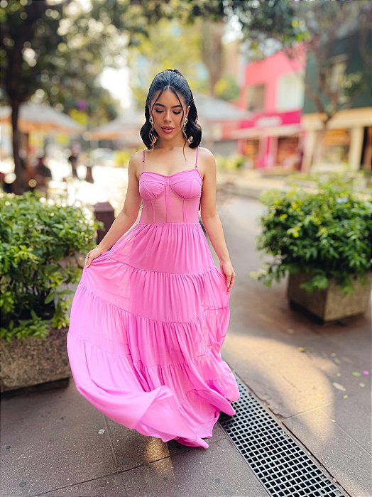 VESTIDO LONGO CREPE DE SEDA ESTILO CORPET ALCINHA SAIA CAMADAS ROSA CLARO