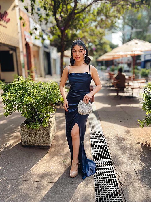 VESTIDO LONGO SEDA ALCINHA  COM FENDA LATERAL AZUL MARINHO
