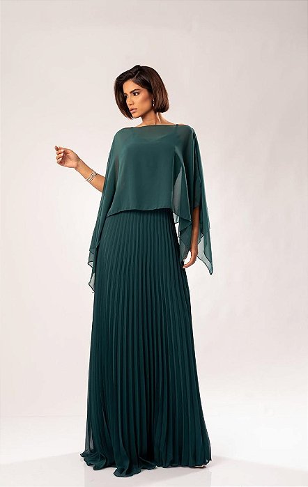 VESTIDO LONGO ALCINHA PARTE DE CIMA LISA SAIA PLISSADA COM CAPA REMOVÍVEL VERDE ESMERALDA