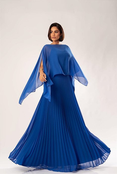 VESTIDO LONGO ALCINHA PARTE DE CIMA LISA SAIA PLISSADA COM CAPA REMOVÍVEL AZUL ROYAL