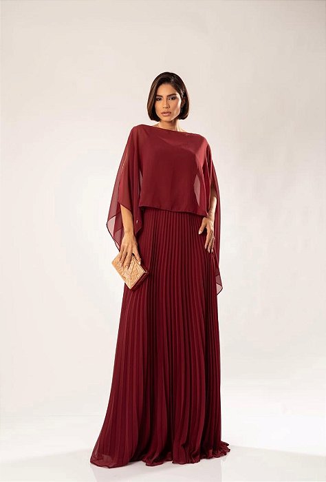 VESTIDO LONGO ALCINHA PARTE DE CIMA LISA SAIA PLISSADA COM CAPA REMOVÍVEL MARSALA