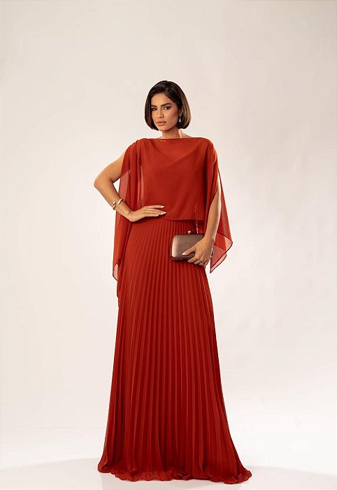 VESTIDO LONGO ALCINHA PARTE DE CIMA LISA SAIA PLISSADA COM CAPA REMOVÍVEL TERRACOTA