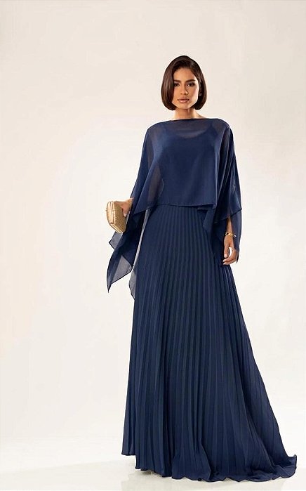 VESTIDO LONGO ALCINHA PARTE DE CIMA LISA SAIA PLISSADA COM CAPA REMOVÍVEL AZUL MARINHO