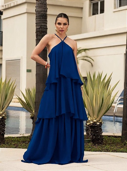 VESTIDO LONGO CREPE DE SEDA EM CAMADAS ALCINHA AZUL MARINHO