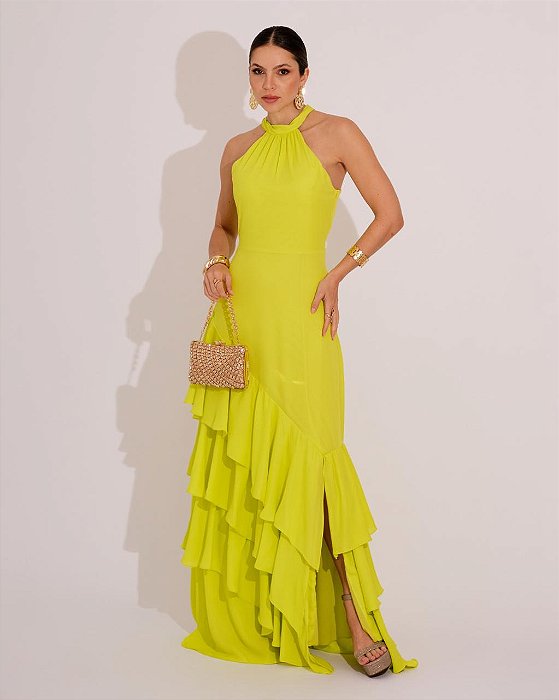 VESTIDO LONGO CREPE DE SEDA GOLA ALTA CAMADAS NA PONTA VERDE LIMA