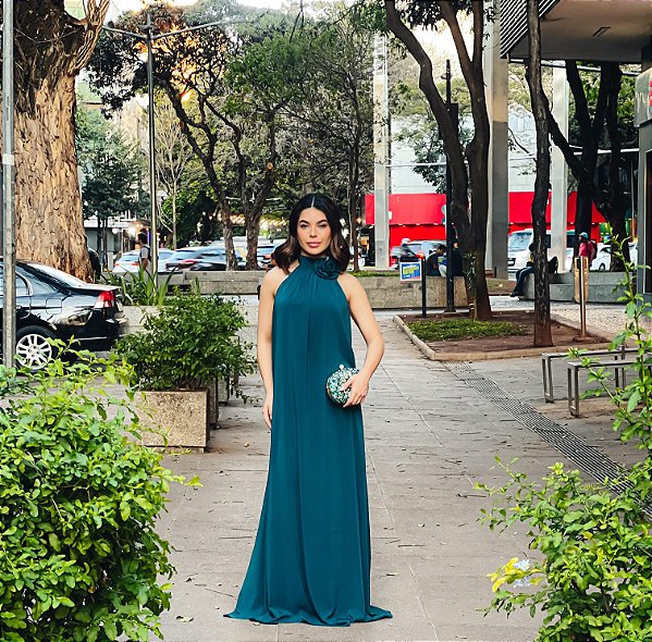 VESTIDO LONGO CREPE DE SEDA FRENTE ÚNICA COM  DETALHE FLOR MA GOLA VERDE PETRÓLEO