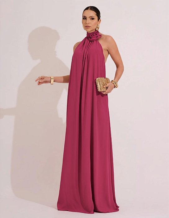 VESTIDO LONGO CREPE DE SEDA FRENTE ÚNICA COM  DETALHE FLOR MA GOLA PINK
