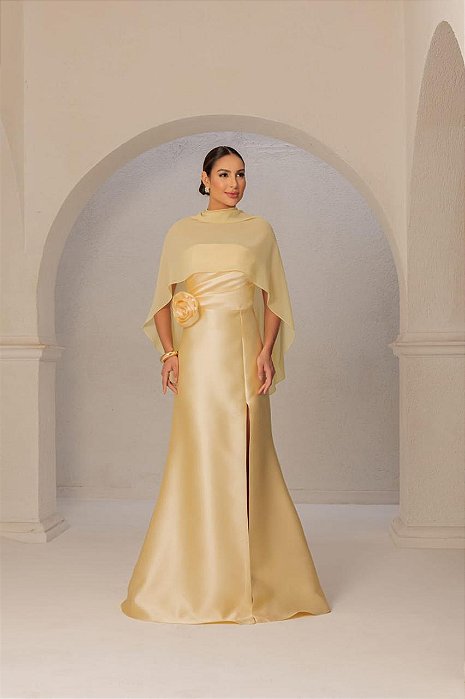VESTIDO LONGO ZIBELINE COM BUSTO DRAPEADO CAPA REMOVÍVEL FENDA LATERAL AMARELO MANTEIGA