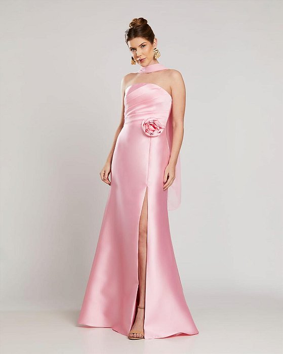 VESTIDO LONGO ZIBELINE COM BUSTO DRAPEADO CAPA REMOVÍVEL FENDA LATERAL  ROSA