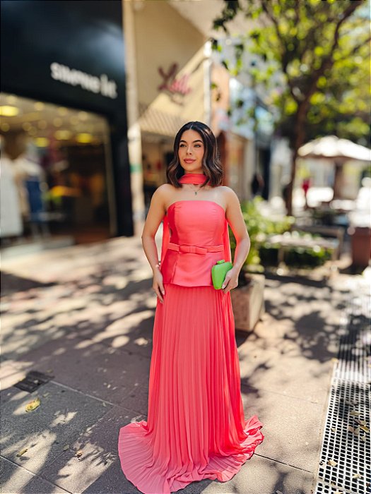 VESTIDO LONGO CORSET COM SAIA PLISSADA CORAL