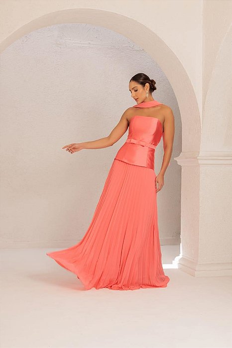 VESTIDO LONGO CORSET COM SAIA PLISSADA CORAL