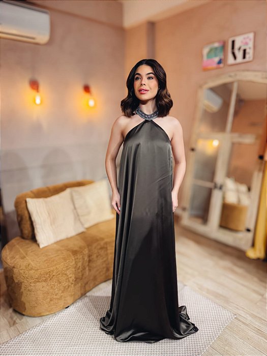 VESTIDO LONGO SEDA FRENTE ÚNICA COM BORDADO  NA GOLA VERDE OLIVA