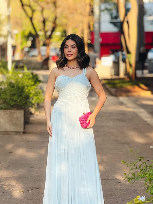 VESTIDO LONGO MICROTULE OMBRO SÓ COM ALÇA DUPLA TRANCINHAS AZUL SERENITY