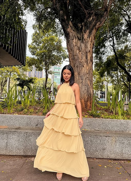 VESTIDO LONGO CHIFFON FRENTE ÚNICA EM CAMADAS AMARELO MANTEIGA