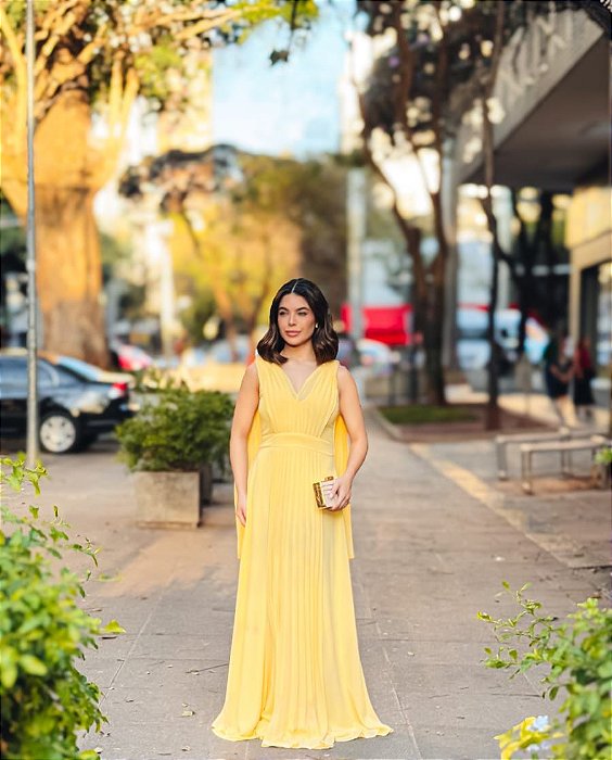 VESTIDO LONGO CHIFFON LISO COM DETALHE PLISSADO DECOTE V AMARELO