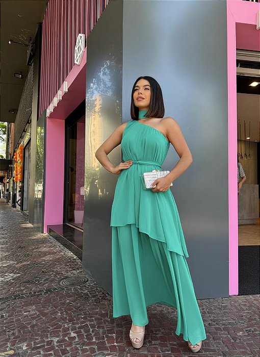 VESTIDO LONGO CHIFON COM TOQUE DE SEDA OMBRO SÓ COM DETALHE PESCOÇO CAM VERDE TIFFANY