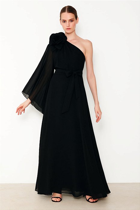 VESTIDO CHIFFON OMBRO SÓ COM DETALHE FLOR PRETO