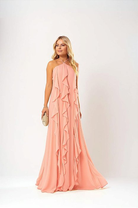 VESTIDO CHIFFON BABADO FRENTE ÚNICA MARIBEL CORAL