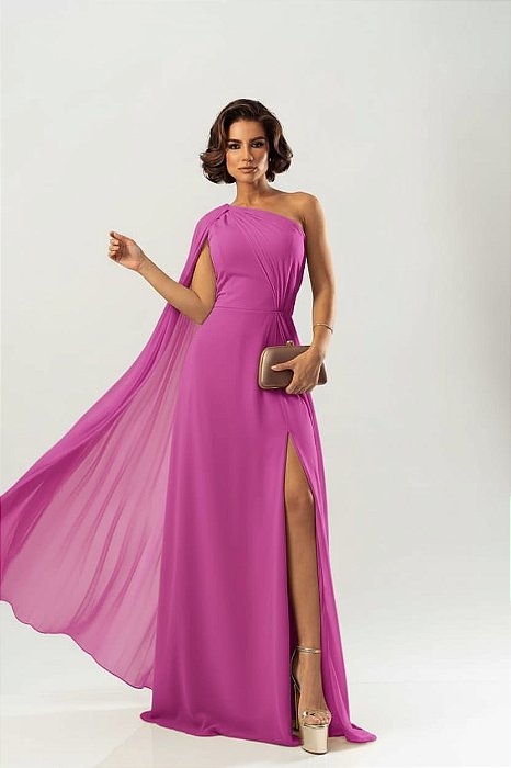 VESTIDO CHIFFON OMBRO SÓ MANGA LONGA PLISSADA DETALHE PLISSADO LATERAL FUCSIA